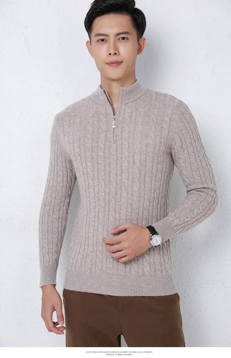 Autumn Winter 100% Wool Men's Slim Pullover Zipper Half High Neck Cashmere Knit Sweater Thick  Business Casual Large-Size Top