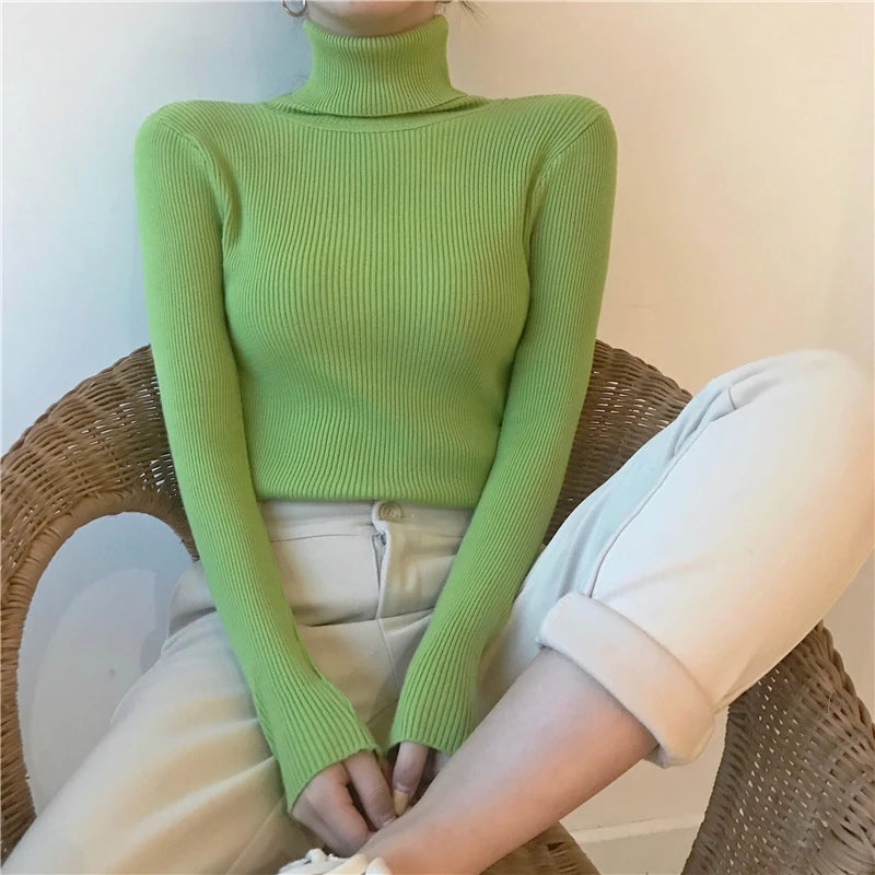 2026 Autumn Winter Sweater Women Knitted Ribbed Pullover Sweater Long Sleeve Turtleneck Slim Jumper Soft Warm Pull Femme