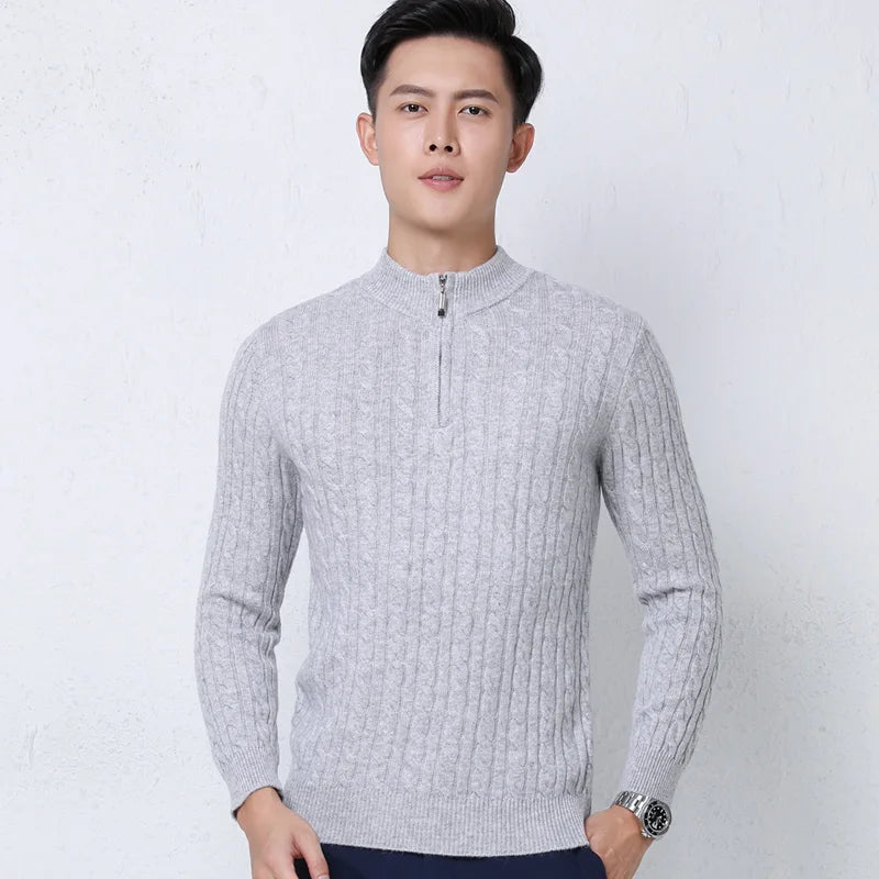 Autumn Winter 100% Wool Men's Slim Pullover Zipper Half High Neck Cashmere Knit Sweater Thick  Business Casual Large-Size Top