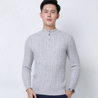 Autumn Winter 100% Wool Men's Slim Pullover Zipper Half High Neck Cashmere Knit Sweater Thick  Business Casual Large-Size Top