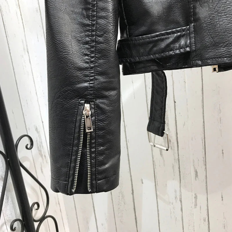 2024 New Autumn Women Winter Faux Soft Leather Jackets Coats Lady Black PU Rivet Zipper Epaulet 3D print Motorcycle Streetwear