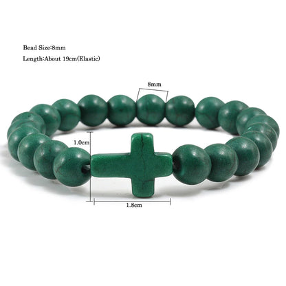 Fashion Jesus Cross Natural Stone Bracelets Charm Blue Pine Stone Black Lava Matte Beaded Bracelets Bangles Women Yoga Jewelry