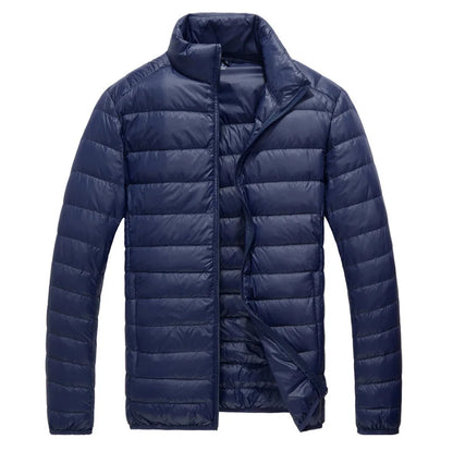 Schinteon Men Ultralight White Duck Down Jacket Thin Stand Collar Solid Color Simple Autumn Outwear