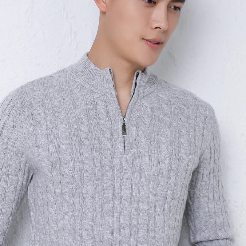 Autumn Winter 100% Wool Men's Slim Pullover Zipper Half High Neck Cashmere Knit Sweater Thick  Business Casual Large-Size Top
