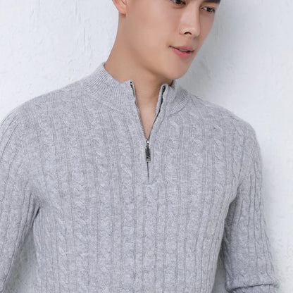 Autumn Winter 100% Wool Men's Slim Pullover Zipper Half High Neck Cashmere Knit Sweater Thick  Business Casual Large-Size Top