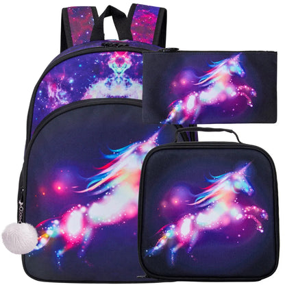 3PCS Unicorn Backpack for Girls, 16”Kids Sequin Bookbag with Lunch Box, School Bag for Elementary Toddler