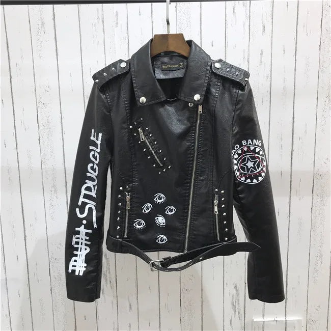 2024 New Autumn Women Winter Faux Soft Leather Jackets Coats Lady Black PU Rivet Zipper Epaulet 3D print Motorcycle Streetwear