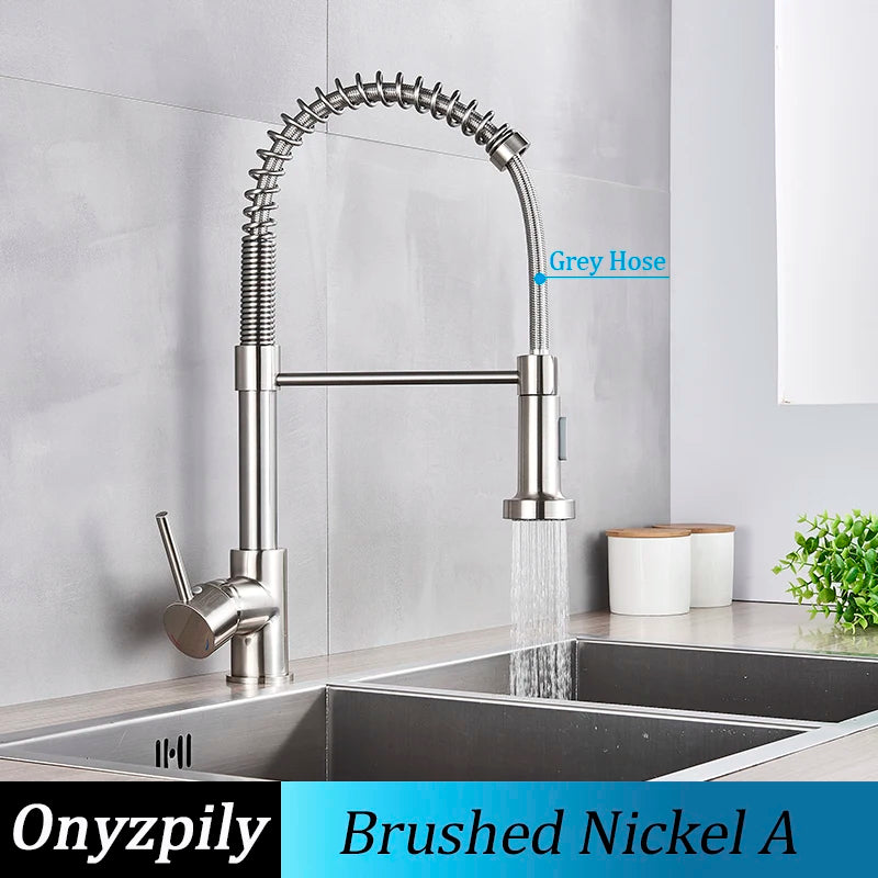 Spring Brushed Kitchen Sink Faucet Pull Down Sprayer Nozzle Single Handle Faucets Mixer Hot Cold Stainless Steel Modern