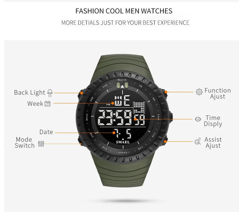 SMAEL Brand Men Electronics Watch Outdoor Sports Waterproof Big Dial Digital LED Alarm Digital-watch 1237 Sport Watch