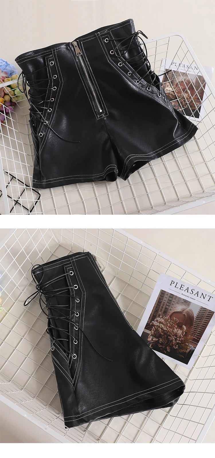 Autumn Women PU Shorts Tie High Waist Shorts Female Casual Black Shorts Ladies All Match Wide leg Shorts Short Pants