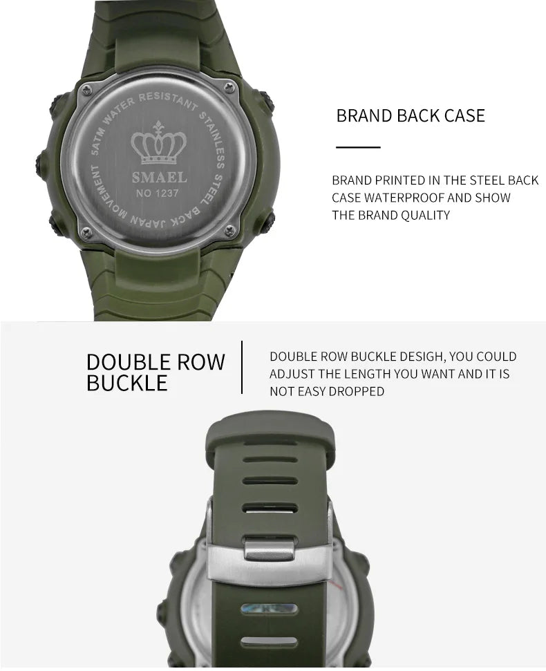 SMAEL Brand Men Electronics Watch Outdoor Sports Waterproof Big Dial Digital LED Alarm Digital-watch 1237 Sport Watch
