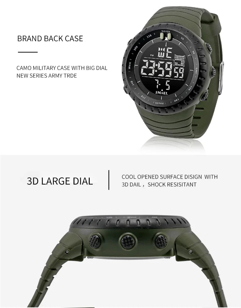 SMAEL Brand Men Electronics Watch Outdoor Sports Waterproof Big Dial Digital LED Alarm Digital-watch 1237 Sport Watch