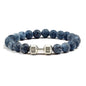Natural Volcanic Stone Bracelet Men Matte Black Lave White Beads Charm Dumbbell Strand Bracelets Women Barbell Fitness Jewelry