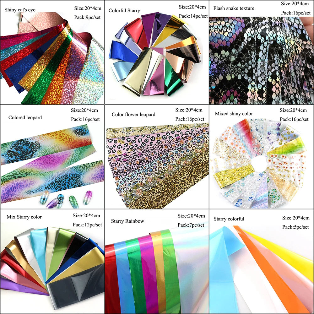 16Pc Holographic Nail Foil Set Starry Transfer 20*4cm Sticker Laser Flowers Leopard Mix Design Decal DIY Nail Art Decoration