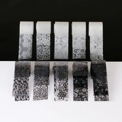 10 Rolls 2.5*60cm New Black White Lace Transfer Foil Nail Art Sexy Full Wraps Flower Glue Adhesive DIY Manicure Styling Tools