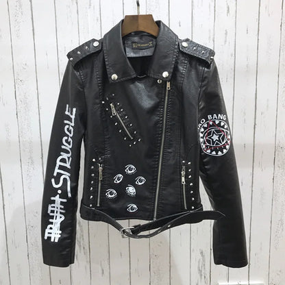 2024 New Autumn Women Winter Faux Soft Leather Jackets Coats Lady Black PU Rivet Zipper Epaulet 3D print Motorcycle Streetwear