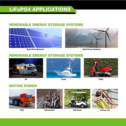 12V/24V LiFePO4 Battery with BMS - 30/50/100/120/135/300Ah for Golf Cart, Solar, RV, EV - Long Lifespan