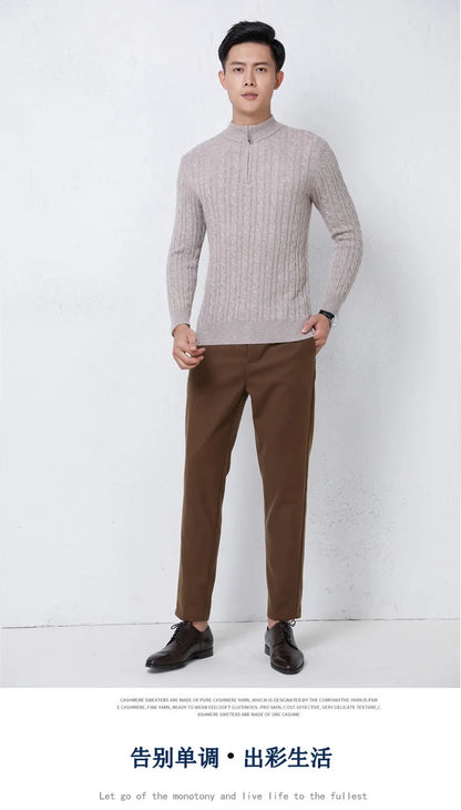 Autumn Winter 100% Wool Men's Slim Pullover Zipper Half High Neck Cashmere Knit Sweater Thick  Business Casual Large-Size Top