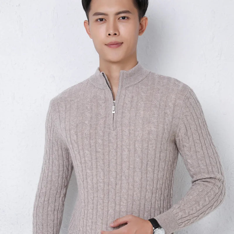 Autumn Winter 100% Wool Men's Slim Pullover Zipper Half High Neck Cashmere Knit Sweater Thick  Business Casual Large-Size Top