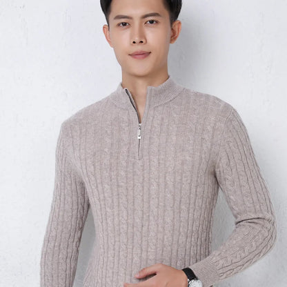 Autumn Winter 100% Wool Men's Slim Pullover Zipper Half High Neck Cashmere Knit Sweater Thick  Business Casual Large-Size Top