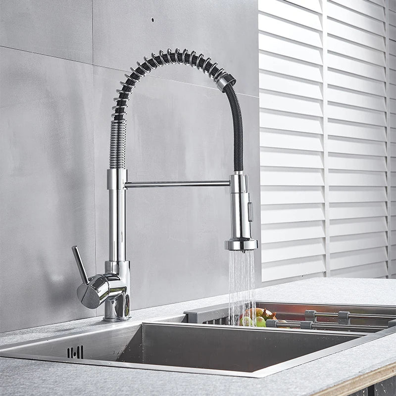 Spring Brushed Kitchen Sink Faucet Pull Down Sprayer Nozzle Single Handle Faucets Mixer Hot Cold Stainless Steel Modern