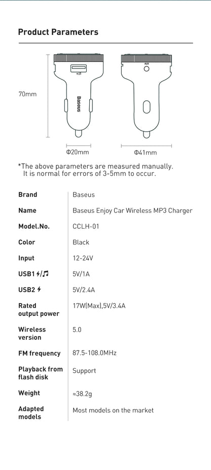 Baseus FM Transmitter Modulator Car Wireless Bluetooth 5.0 USB Fast Charger Auto Aux Radio Mp3 Player Music Hands Free Car Kit