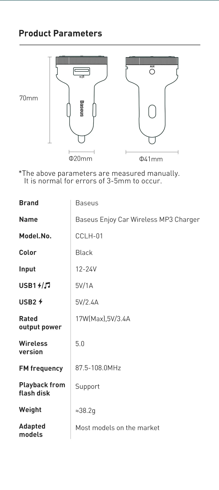 Baseus Car FM Transmitter 5.0 Bluetooth Car Charger Music Adapter 3.4A Dual USB MP3 Player Radio Handsfree Audio FM Modulato