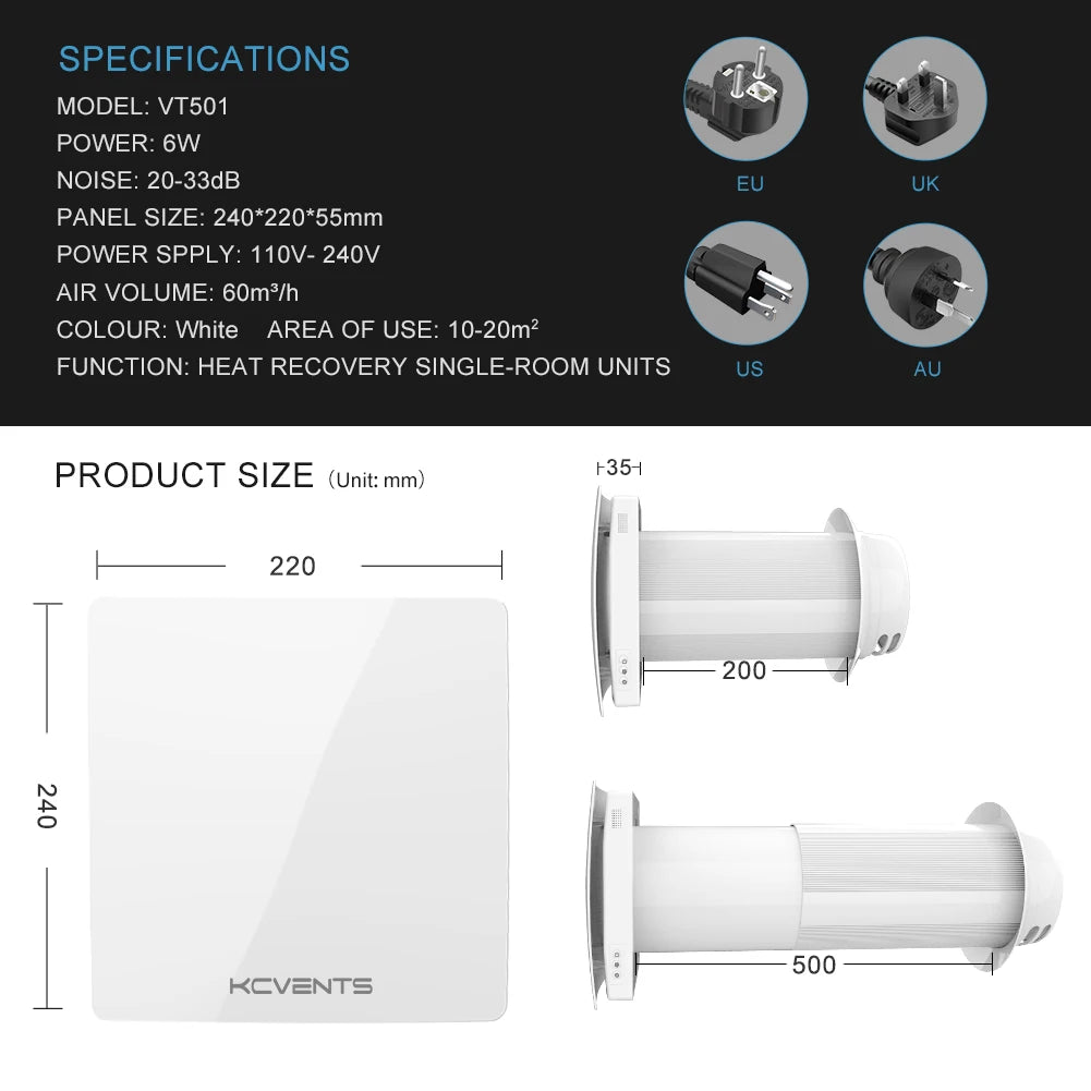 Decentralized Ventilation System With Heat Recovery Single Room ERV VT501