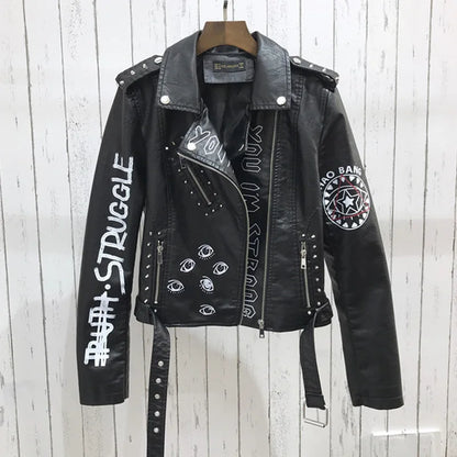 2024 New Autumn Women Winter Faux Soft Leather Jackets Coats Lady Black PU Rivet Zipper Epaulet 3D print Motorcycle Streetwear
