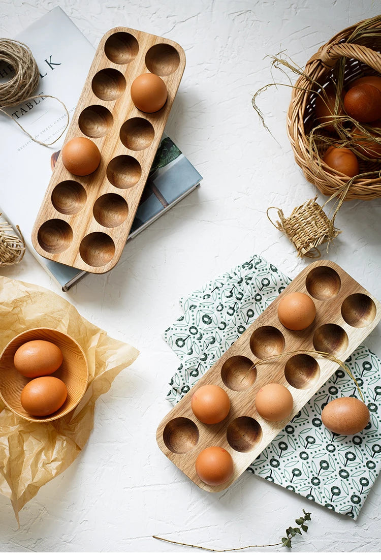 Japanese Style Wooden Double Row Egg Storage Box Home Organizer Rack Eggs Refrigerator Holder Kitchen Fresh Keeping Accessories