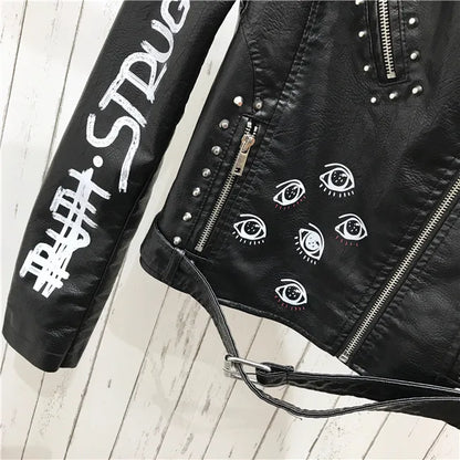 2024 New Autumn Women Winter Faux Soft Leather Jackets Coats Lady Black PU Rivet Zipper Epaulet 3D print Motorcycle Streetwear
