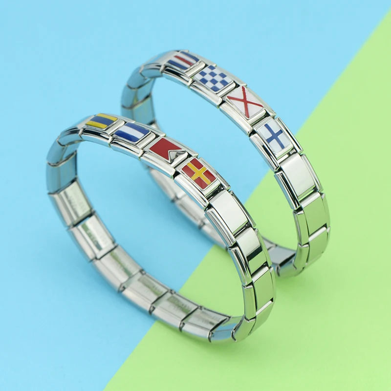 Hapiship Fashion Navy Ship International Maritime Signal Code Nautical Flag Charm Links Fit 9mm Stainless Steel Bracelet DJ391
