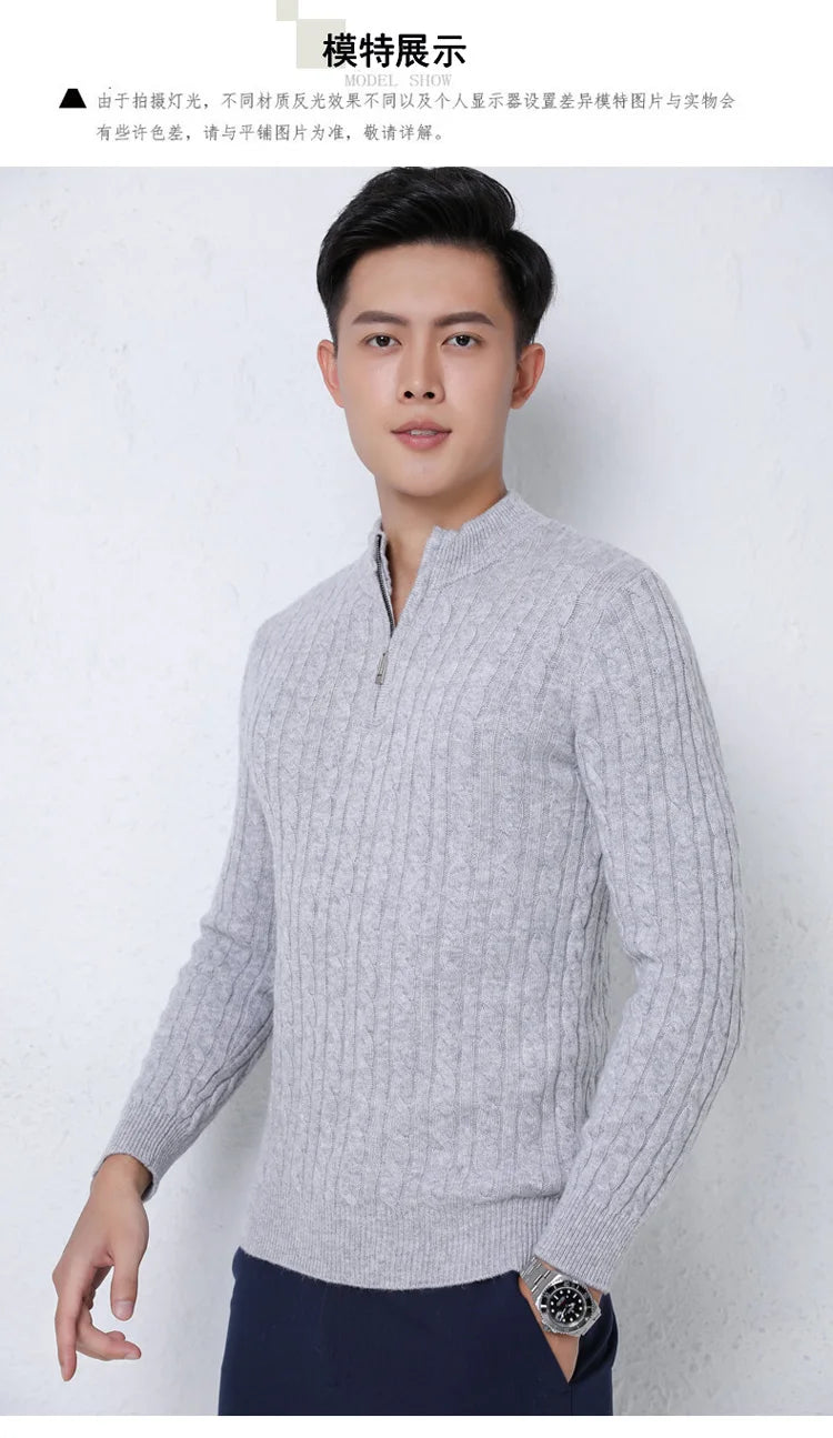Autumn Winter 100% Wool Men's Slim Pullover Zipper Half High Neck Cashmere Knit Sweater Thick  Business Casual Large-Size Top