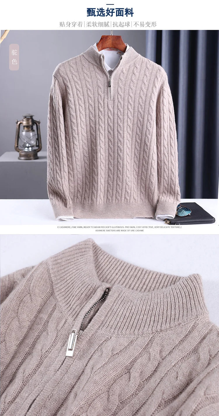 Autumn Winter 100% Wool Men's Slim Pullover Zipper Half High Neck Cashmere Knit Sweater Thick  Business Casual Large-Size Top