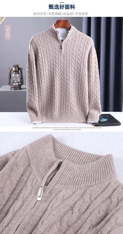 Autumn Winter 100% Wool Men's Slim Pullover Zipper Half High Neck Cashmere Knit Sweater Thick  Business Casual Large-Size Top