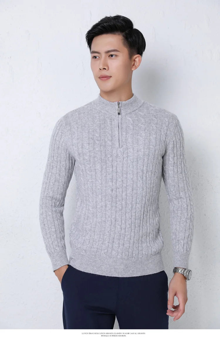 Autumn Winter 100% Wool Men's Slim Pullover Zipper Half High Neck Cashmere Knit Sweater Thick  Business Casual Large-Size Top