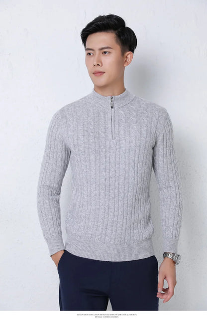 Autumn Winter 100% Wool Men's Slim Pullover Zipper Half High Neck Cashmere Knit Sweater Thick  Business Casual Large-Size Top