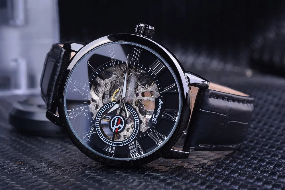 Forsining 3d Logo Design Hollow Engraving Black Golden Case Leather Skeleton Mechanical Watches Men Luxury Brand Heren Horloge
