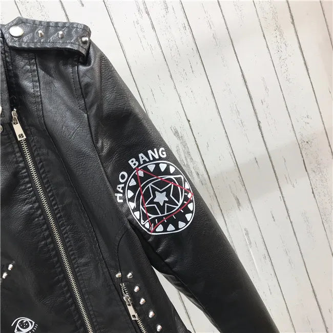 2024 New Autumn Women Winter Faux Soft Leather Jackets Coats Lady Black PU Rivet Zipper Epaulet 3D print Motorcycle Streetwear