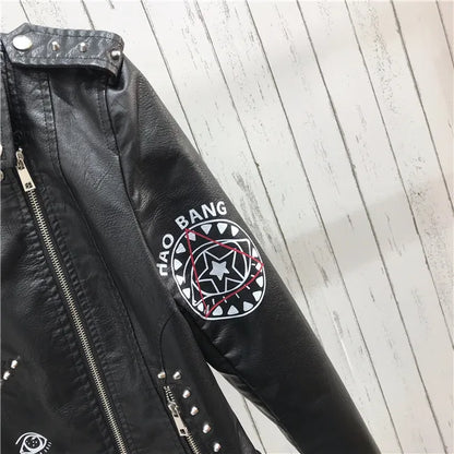 2024 New Autumn Women Winter Faux Soft Leather Jackets Coats Lady Black PU Rivet Zipper Epaulet 3D print Motorcycle Streetwear