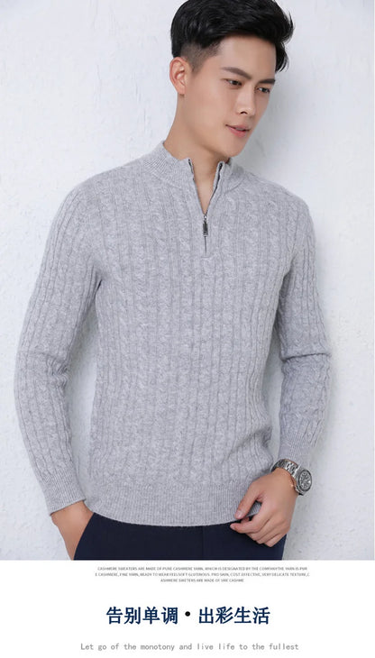 Autumn Winter 100% Wool Men's Slim Pullover Zipper Half High Neck Cashmere Knit Sweater Thick  Business Casual Large-Size Top