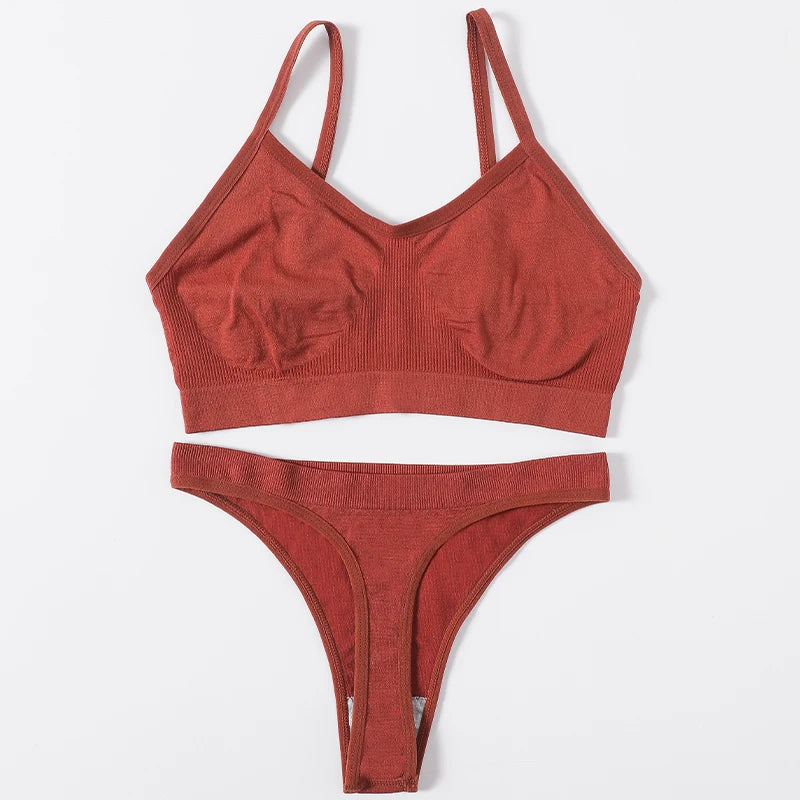 Women Seamless Bra And Panties Set Wire Free Bralette High Leg Cut Thongs Comfort Ribbed Unlined Underwear Sexy Lingerie Set