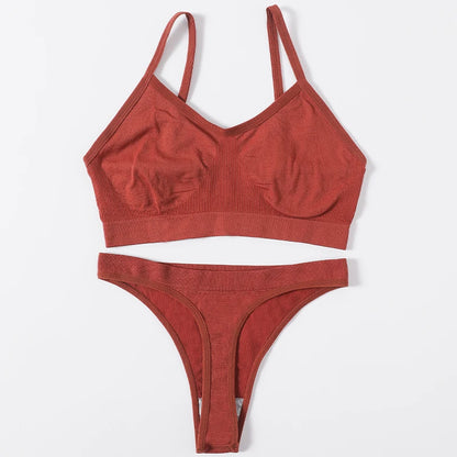 Women Seamless Bra And Panties Set Wire Free Bralette High Leg Cut Thongs Comfort Ribbed Unlined Underwear Sexy Lingerie Set