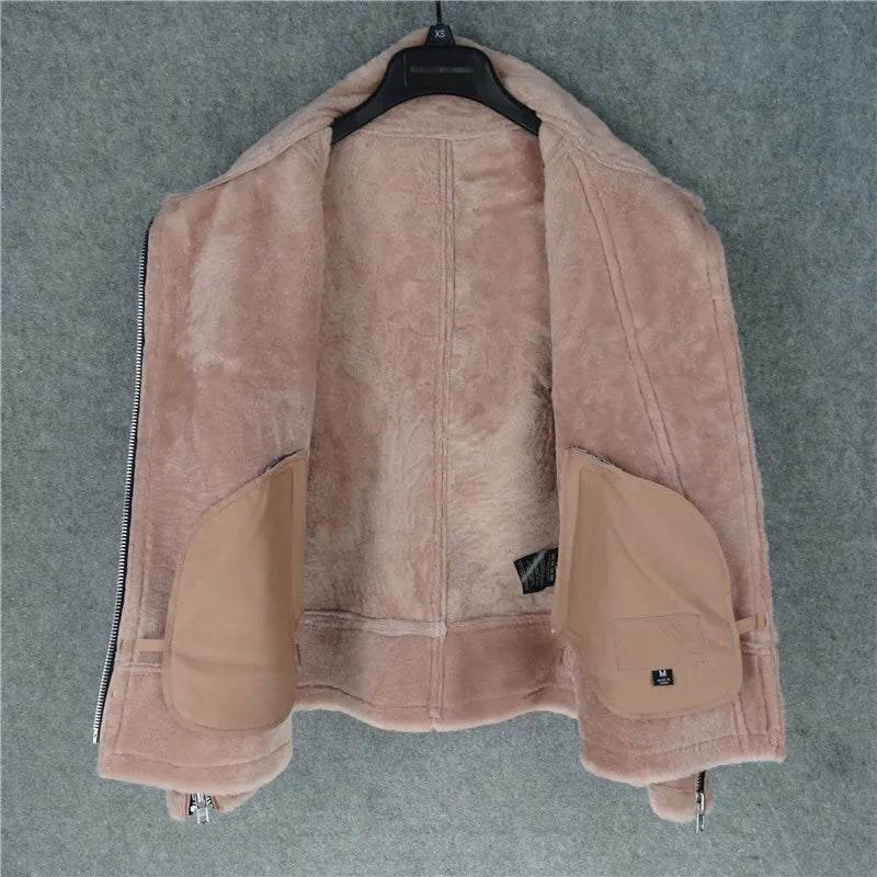 CC SHop Best.Guarantee Genuine leather jacket with fur.Winter warm women 100% shearling coat.Street sheepskin with wool jackets