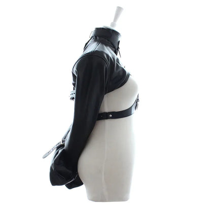 Female BDSM Bondage Breast Exposed  PU Leather Straitjacket Restraint Body Harness Jacket Long Sleeves Play Flirting Women