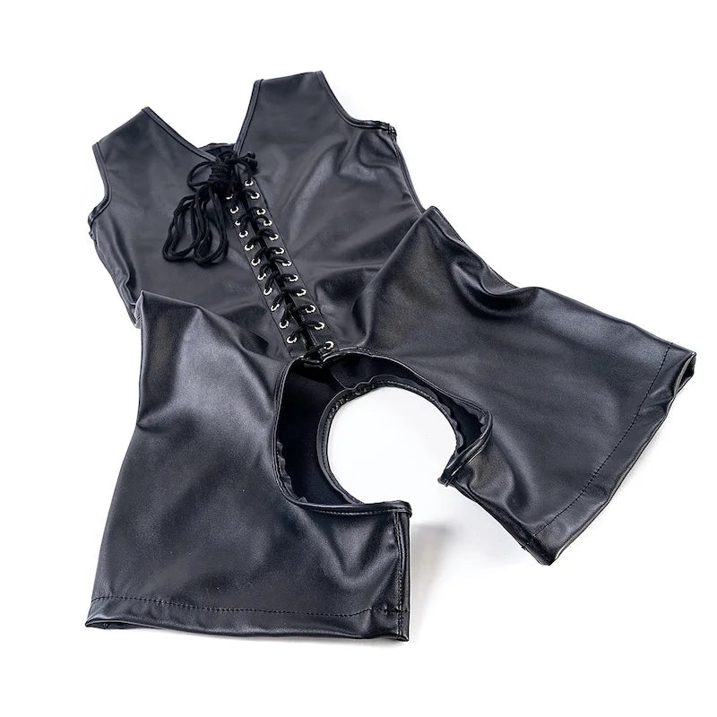 Erotic Sexy Bodysuit Lingerie Leather Hollow Out Bust Open Crotch Clubwear BDSM Slave Bondage Cosplay Clothing Sex Toy For Women