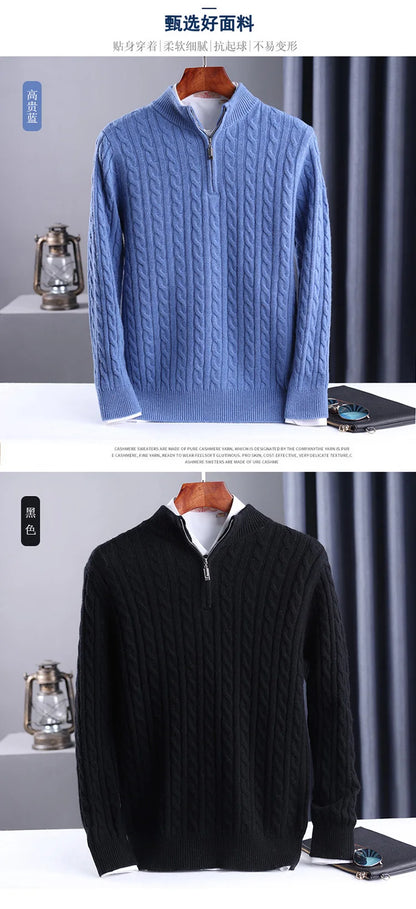 Autumn Winter 100% Wool Men's Slim Pullover Zipper Half High Neck Cashmere Knit Sweater Thick  Business Casual Large-Size Top