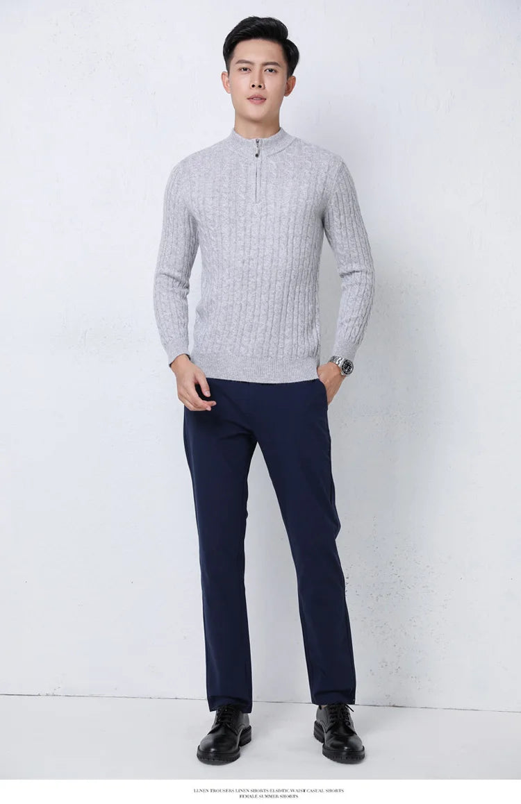 Autumn Winter 100% Wool Men's Slim Pullover Zipper Half High Neck Cashmere Knit Sweater Thick  Business Casual Large-Size Top