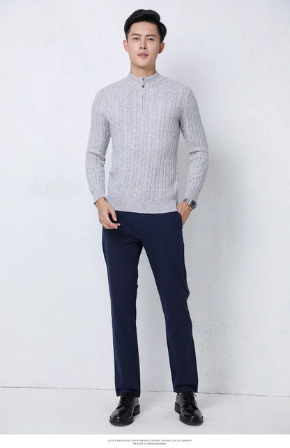 Autumn Winter 100% Wool Men's Slim Pullover Zipper Half High Neck Cashmere Knit Sweater Thick  Business Casual Large-Size Top