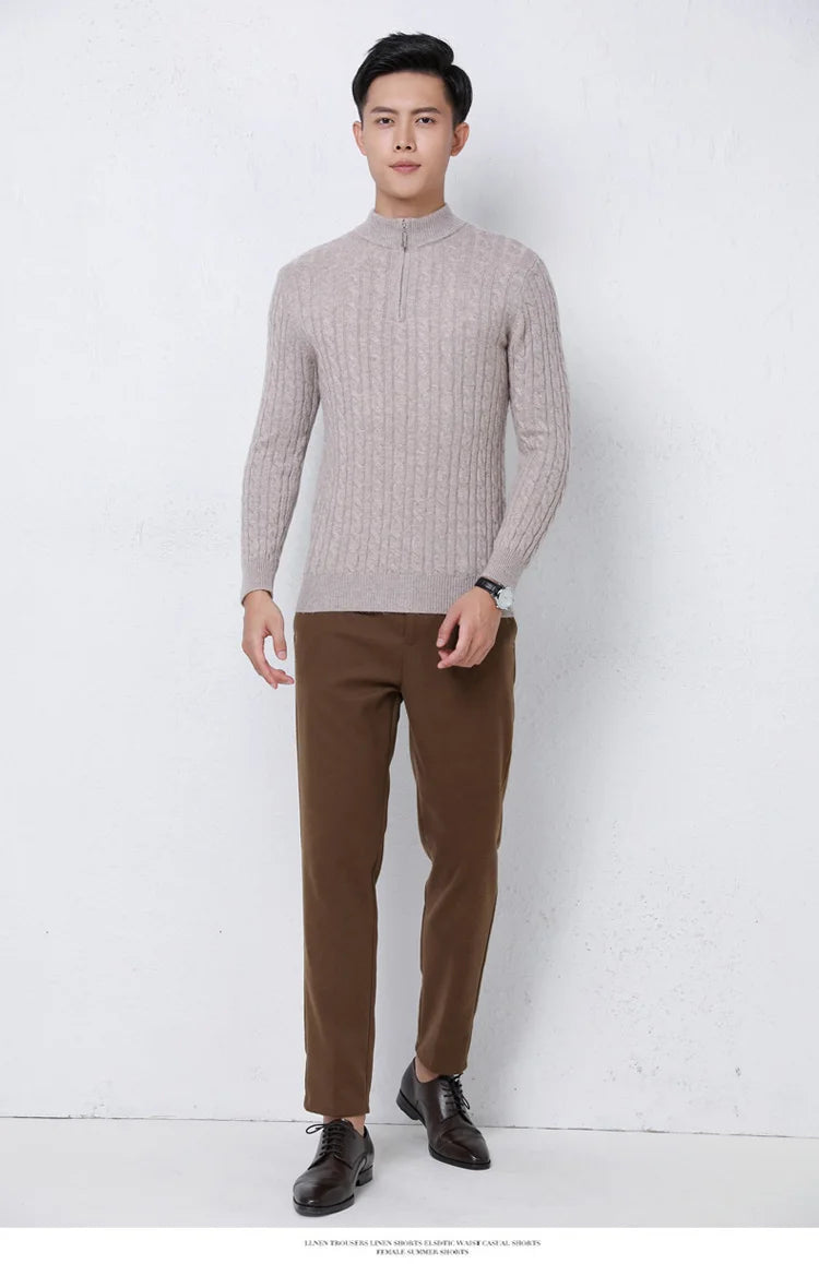 Autumn Winter 100% Wool Men's Slim Pullover Zipper Half High Neck Cashmere Knit Sweater Thick  Business Casual Large-Size Top